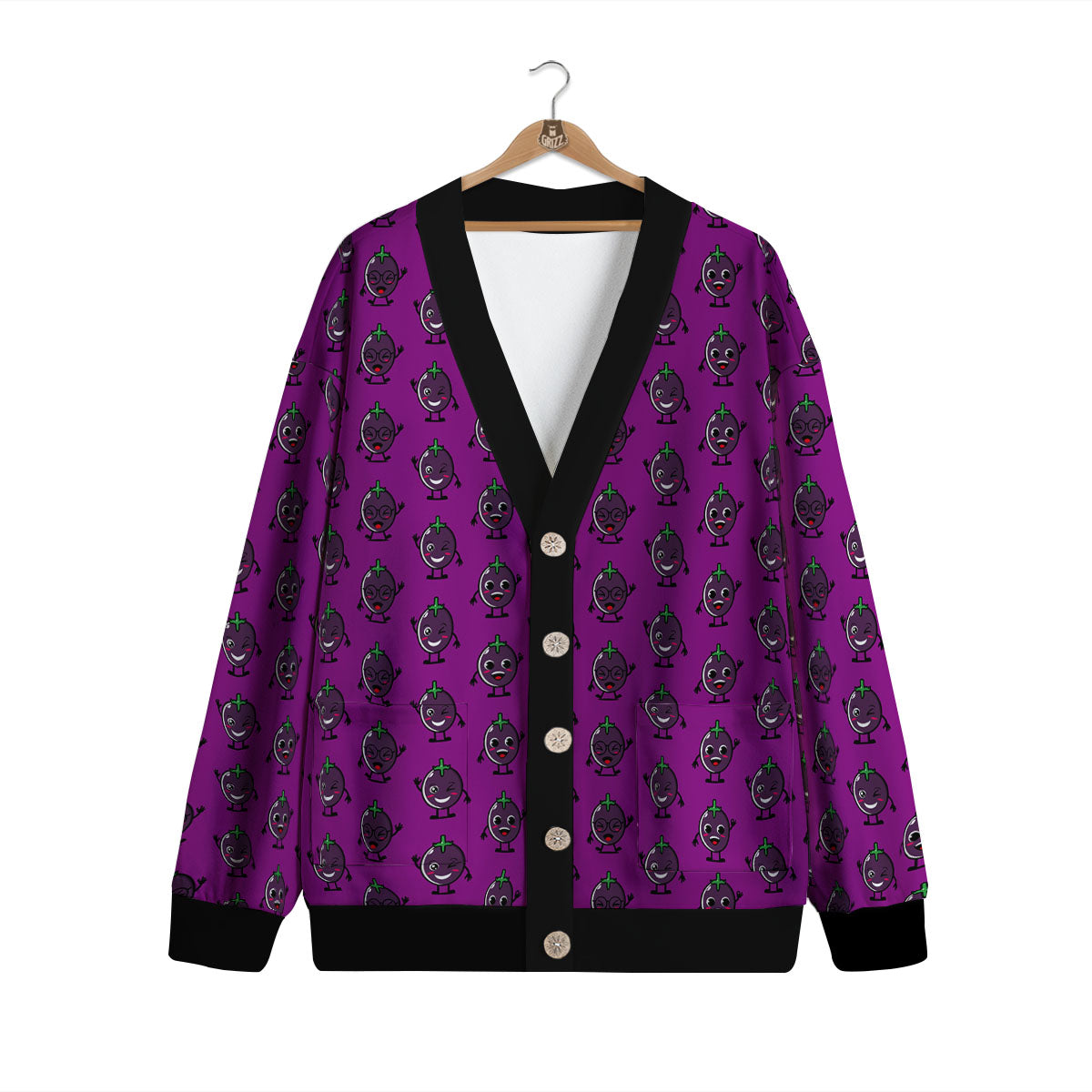 Eggplant Cartoon Print Pattern Cardigan-grizzshop