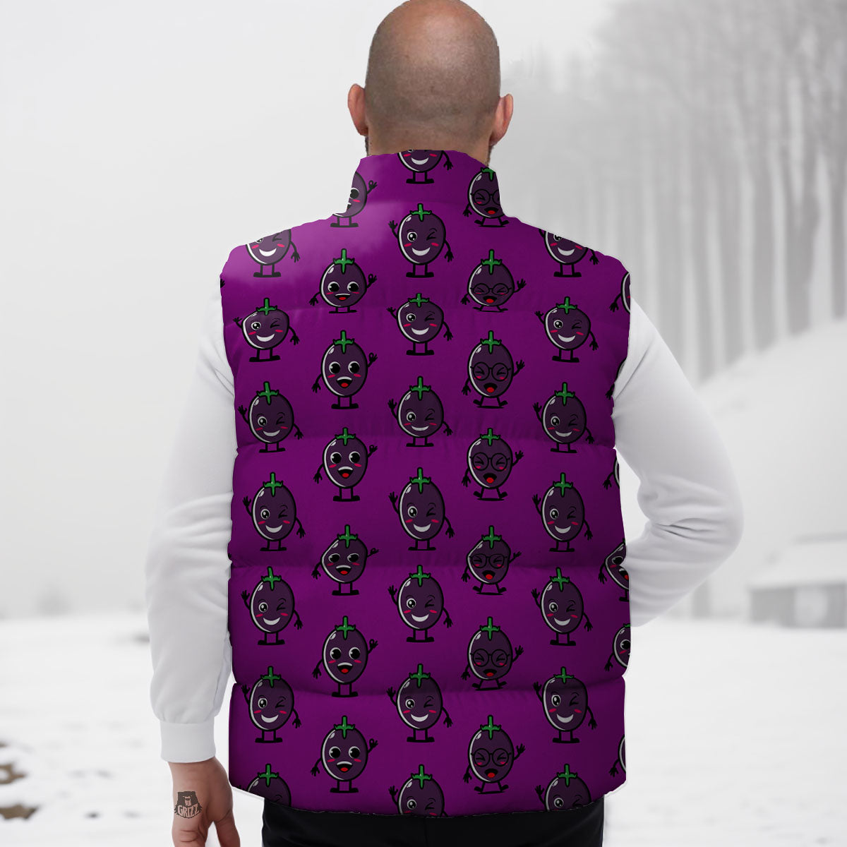 Eggplant Cartoon Print Pattern Down Vest