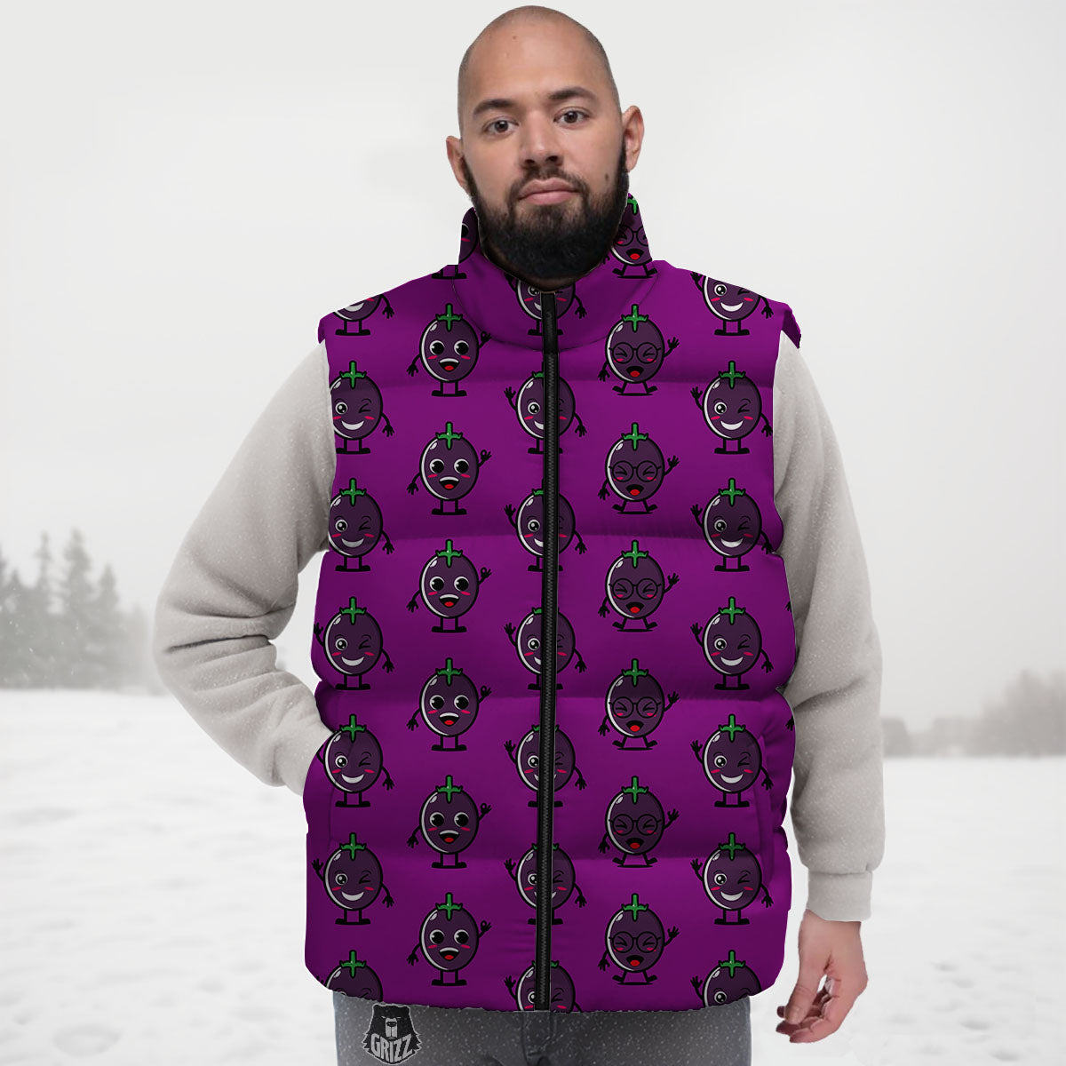 Eggplant Cartoon Print Pattern Down Vest
