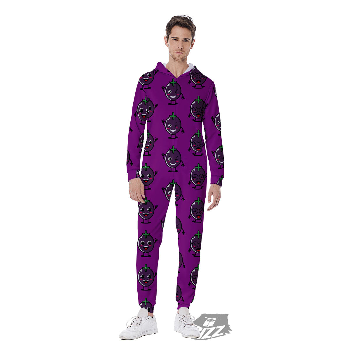 Eggplant Cartoon Print Pattern Men's Jumpsuit-grizzshop