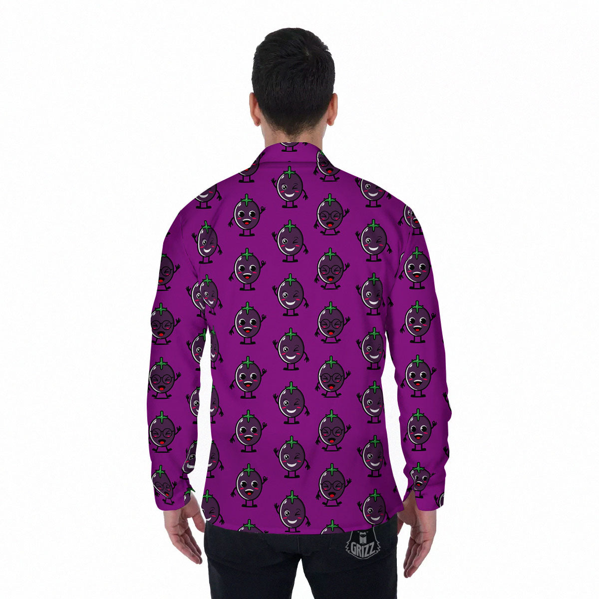 Eggplant Cartoon Print Pattern Men's Long Sleeve Shirts-grizzshop