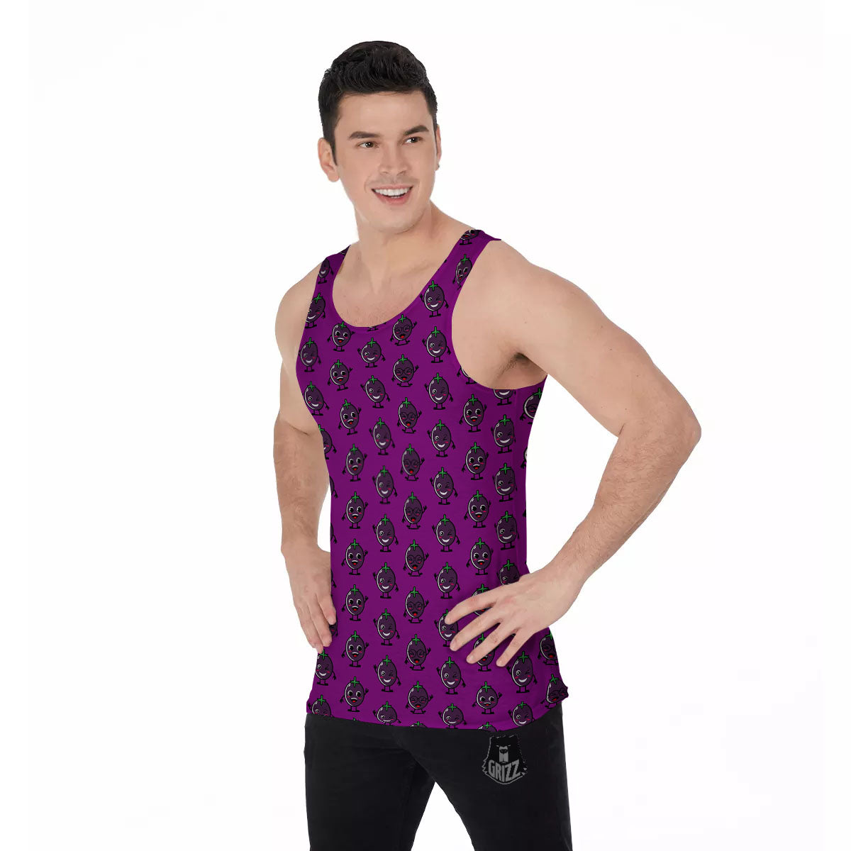 Eggplant Cartoon Print Pattern Men's Tank Top-grizzshop