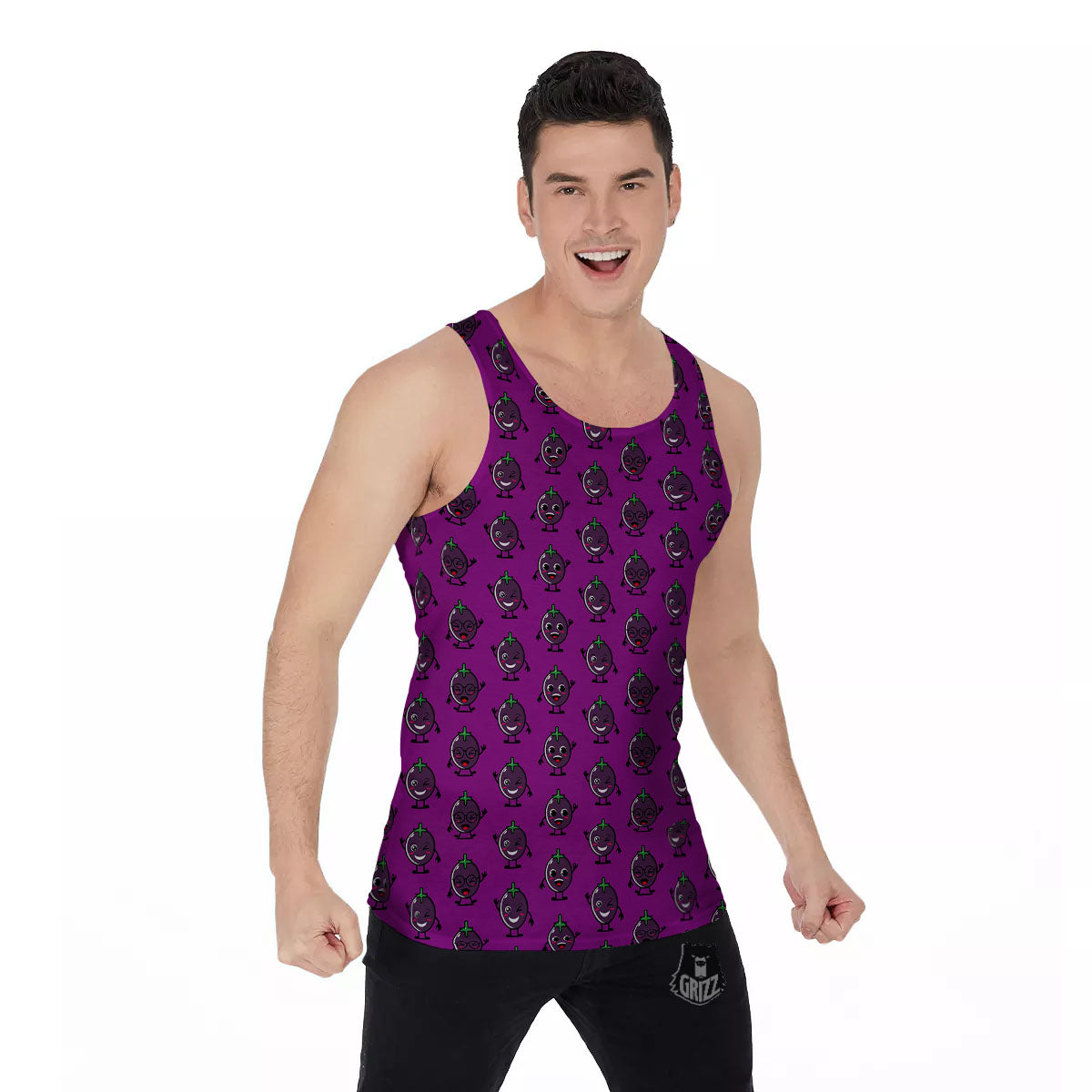 Eggplant Cartoon Print Pattern Men's Tank Top-grizzshop