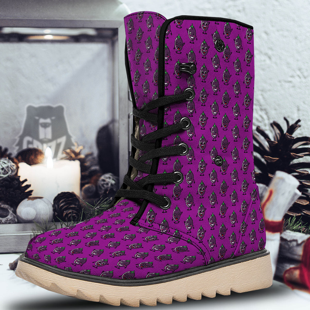 Eggplant Cartoon Print Pattern Snow Boots-grizzshop