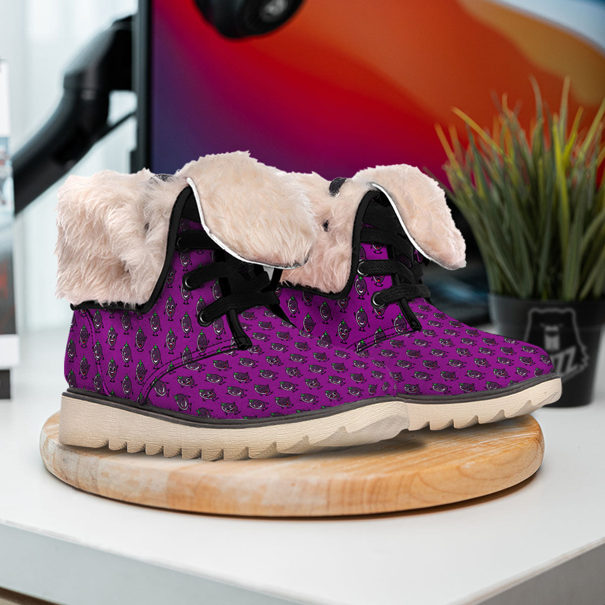 Eggplant Cartoon Print Pattern Snow Boots-grizzshop