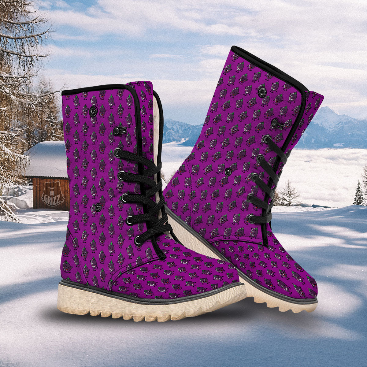 Eggplant Cartoon Print Pattern Snow Boots-grizzshop