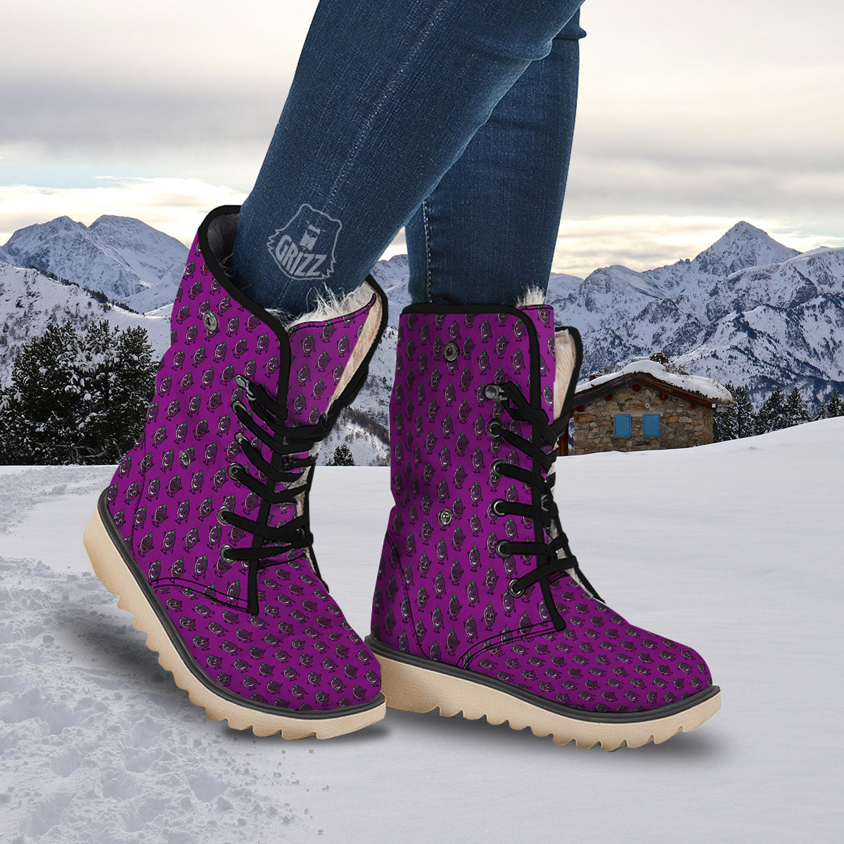 Eggplant Cartoon Print Pattern Snow Boots-grizzshop