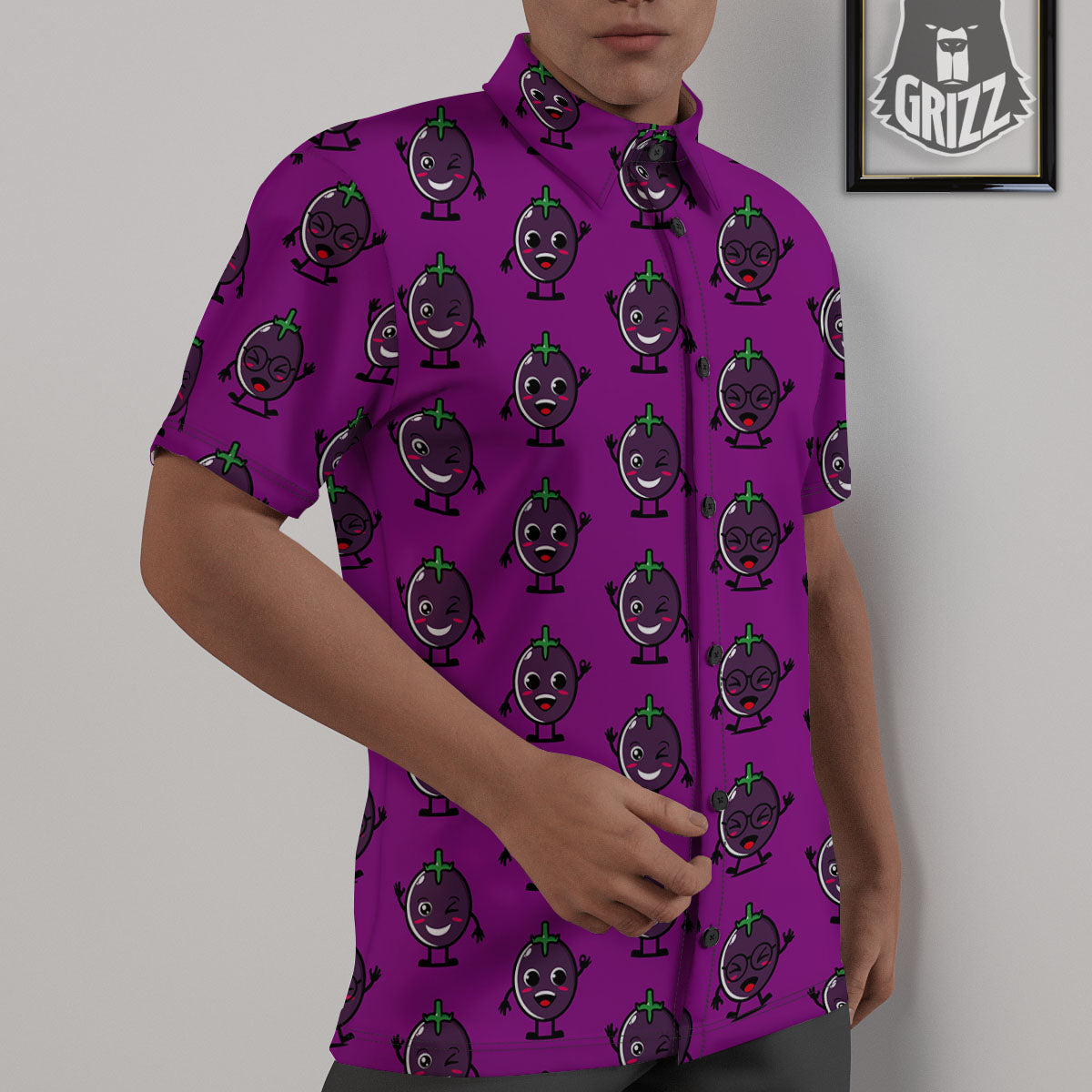 Eggplant Cartoon Print Pattern Untucked Shirts-grizzshop