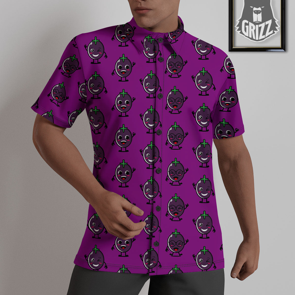 Eggplant Cartoon Print Pattern Untucked Shirts-grizzshop