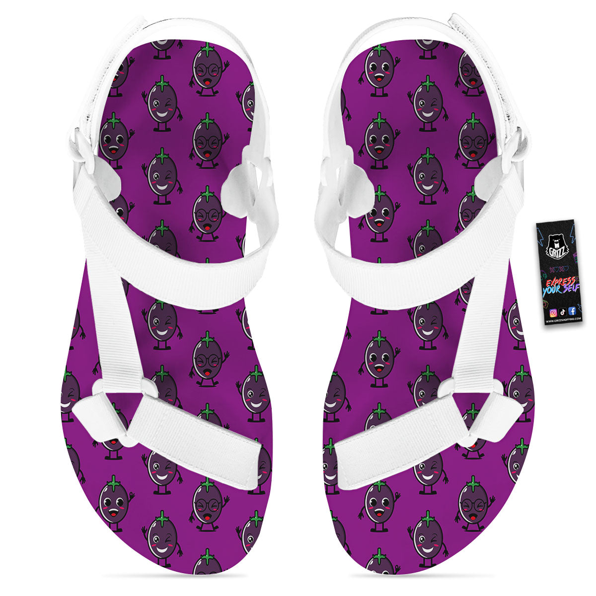 Eggplant Cartoon Print Pattern White Open Toe Sandals-grizzshop
