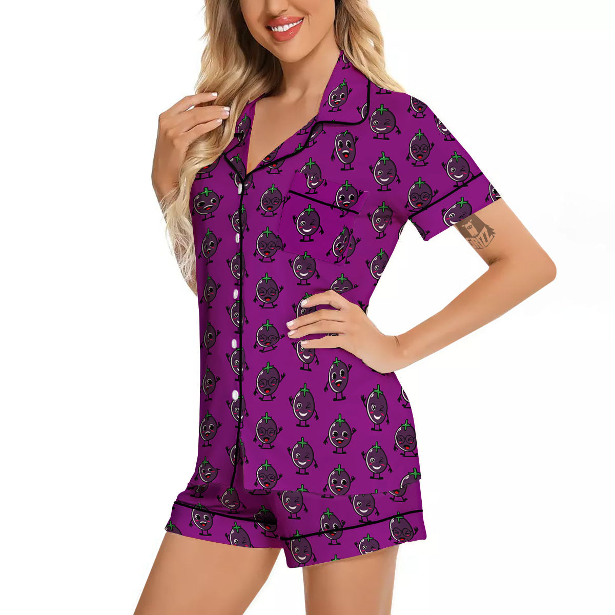 Eggplant Cartoon Print Pattern Women Silk Pajamas-grizzshop