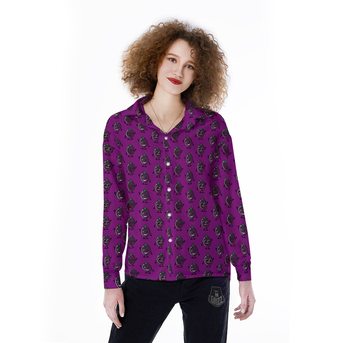 Eggplant Cartoon Print Pattern Women's Long Sleeve Shirts-grizzshop