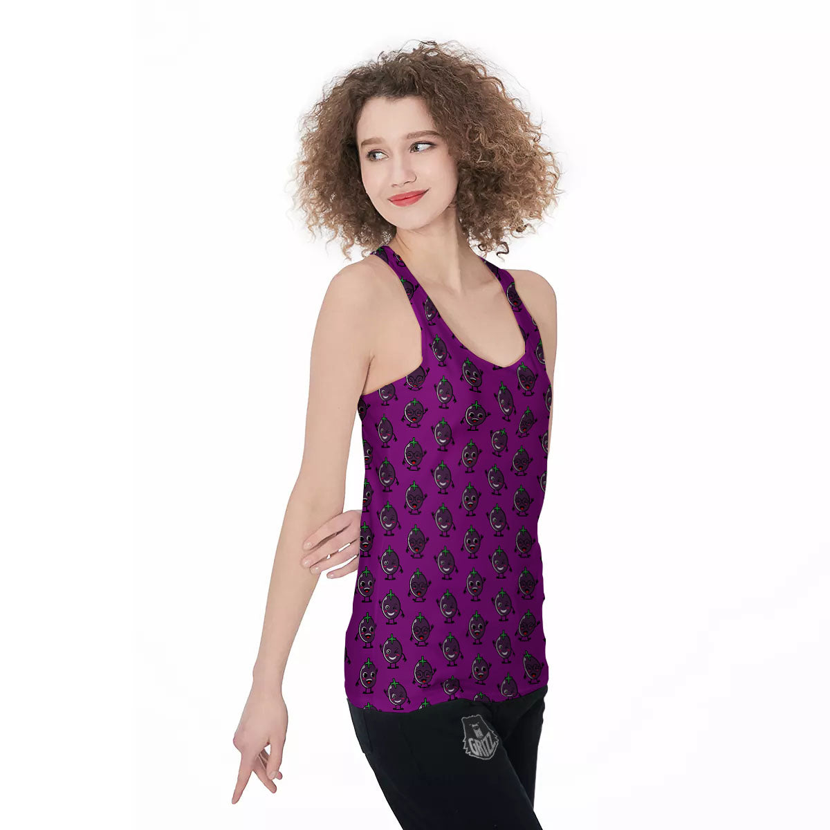 Eggplant Cartoon Print Pattern Women's Racerback Tank Top-grizzshop