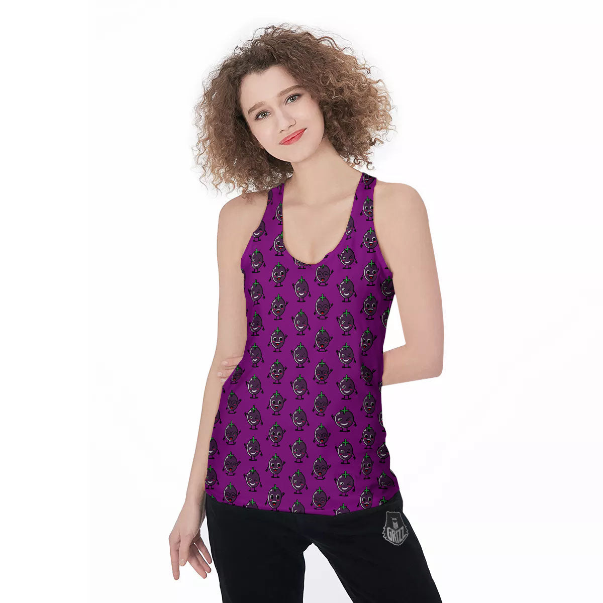 Eggplant Cartoon Print Pattern Women's Racerback Tank Top-grizzshop