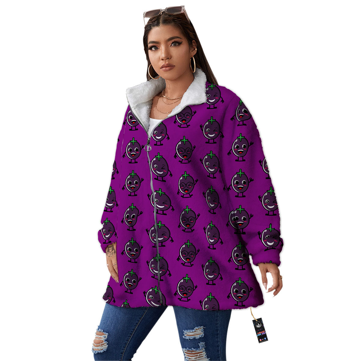 Eggplant Cartoon Print Pattern Women's Sherpa Jacket-grizzshop