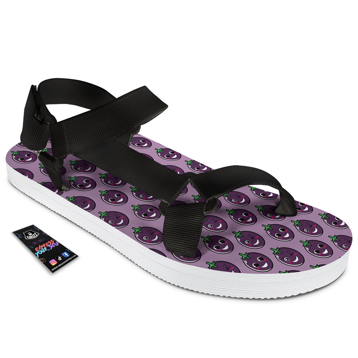 Eggplant Cute Print Pattern Black Open Toe Sandals-grizzshop