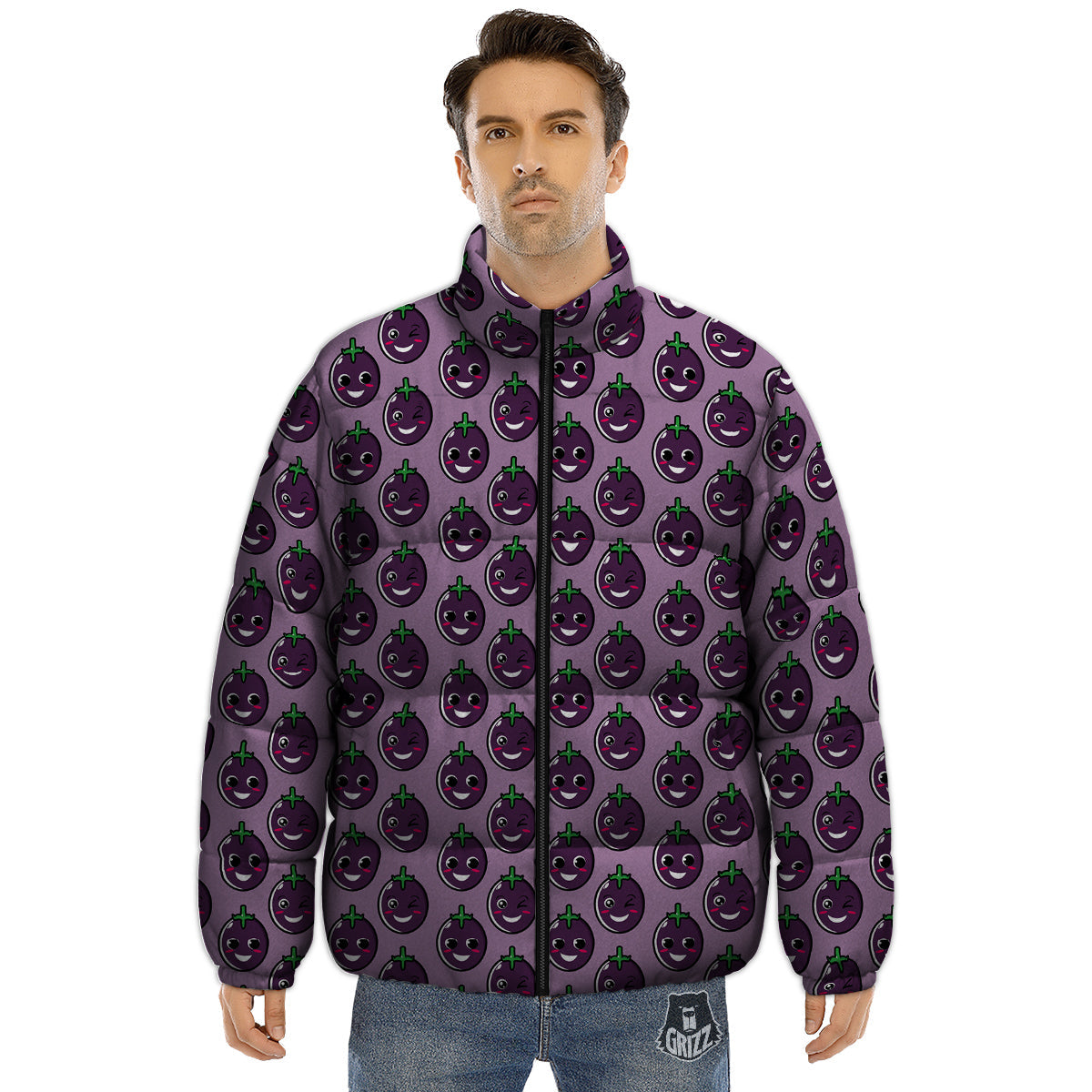 Eggplant Cute Print Pattern Puffer Jacket-grizzshop