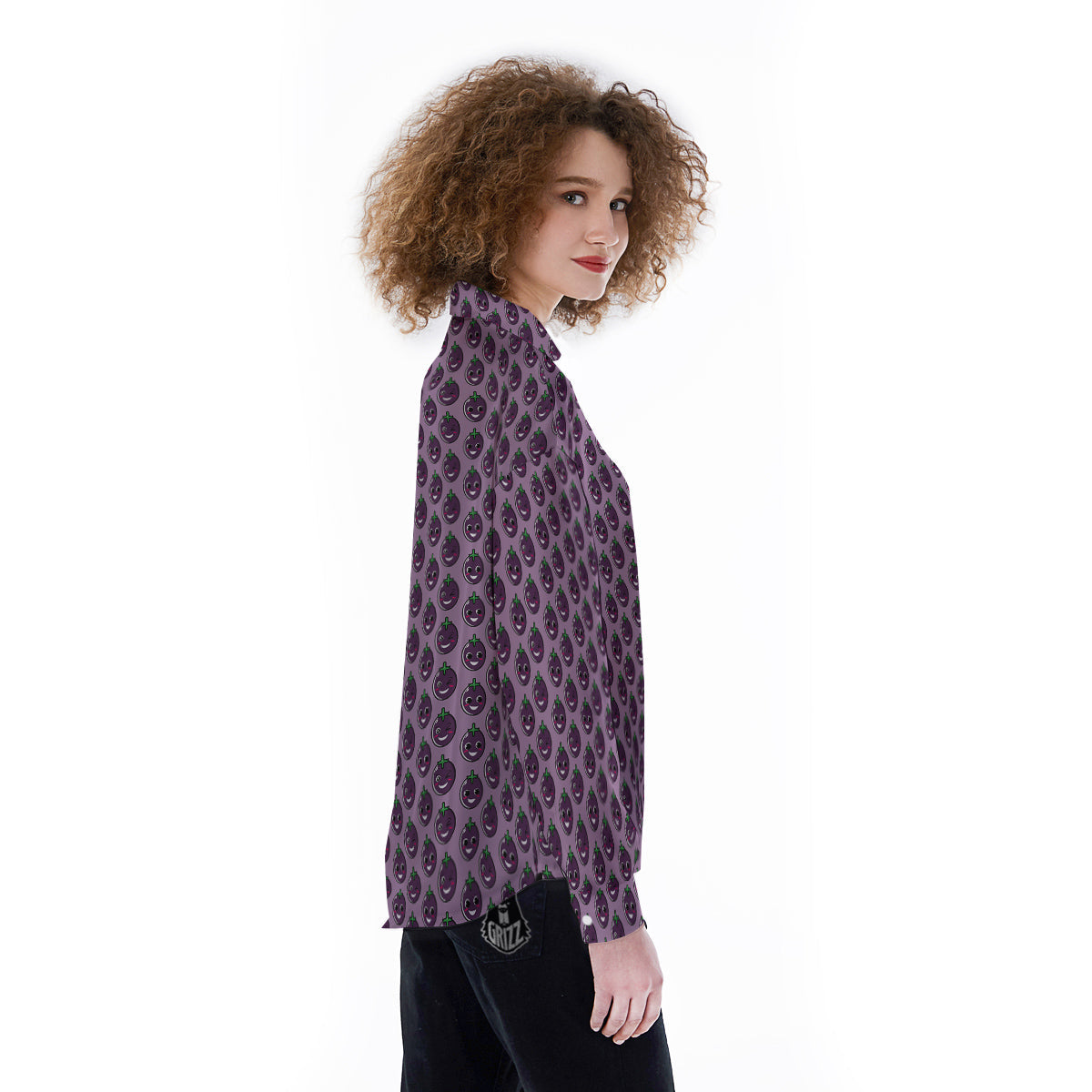 Eggplant Cute Print Pattern Women's Long Sleeve Shirts-grizzshop