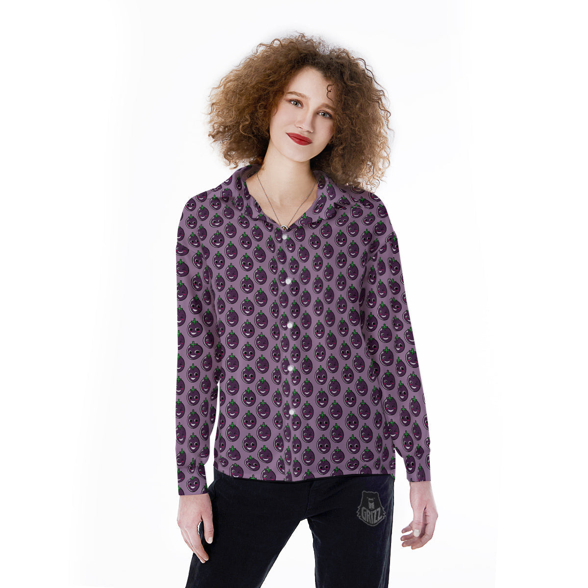 Eggplant Cute Print Pattern Women's Long Sleeve Shirts-grizzshop