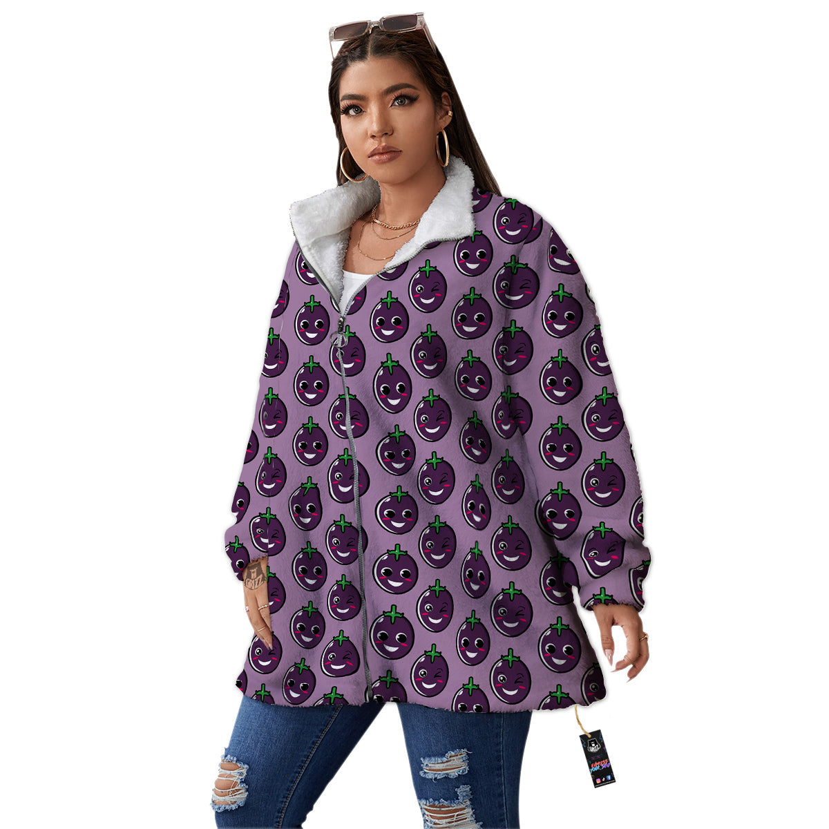 Eggplant Cute Print Pattern Women's Sherpa Jacket-grizzshop