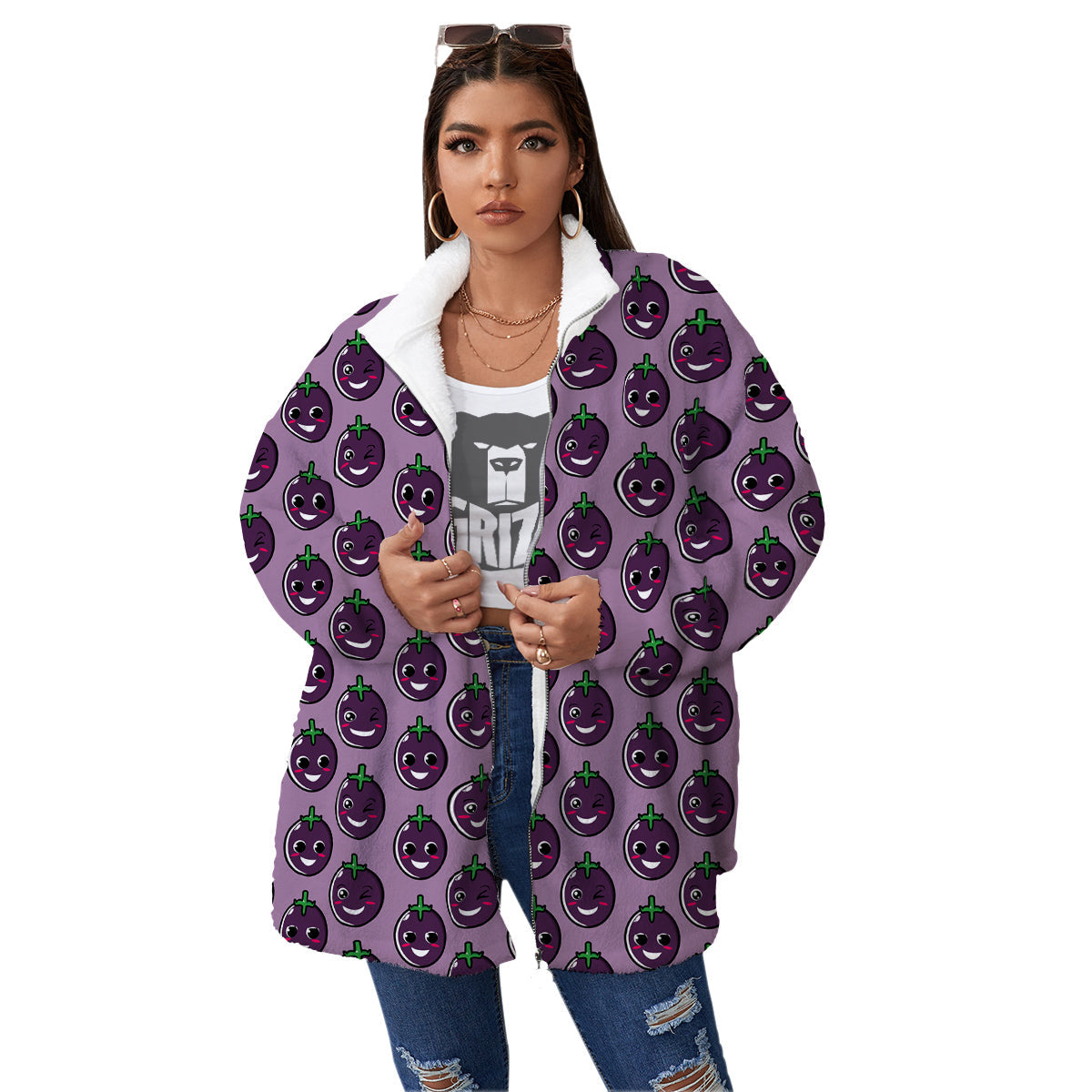 Eggplant Cute Print Pattern Women's Sherpa Jacket-grizzshop
