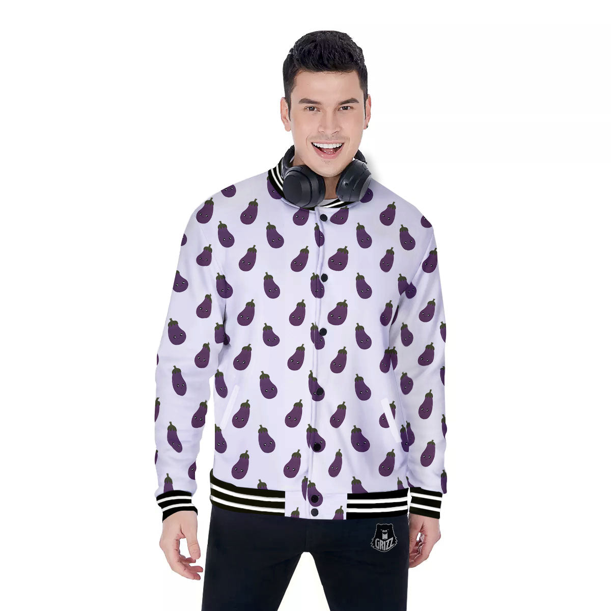 Eggplant Funny Print Pattern Baseball Jacket-grizzshop