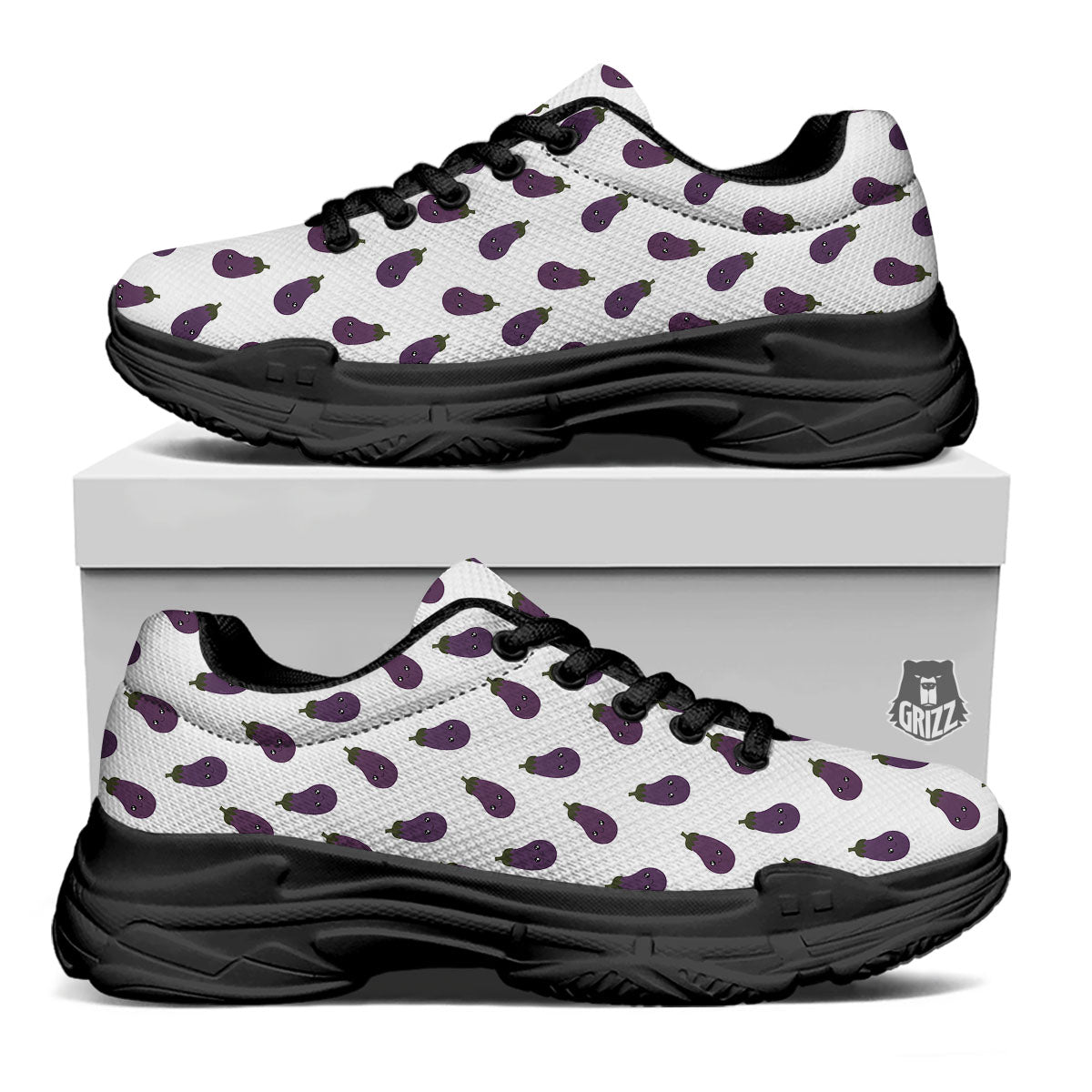 Eggplant Funny Print Pattern Black Chunky Shoes-grizzshop
