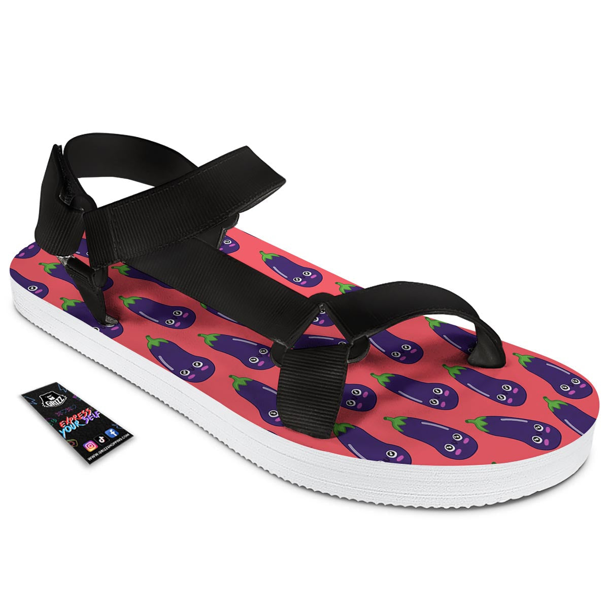 Eggplant Funny Print Pattern Black Open Toe Sandals-grizzshop