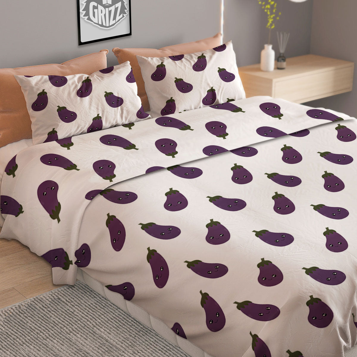 Eggplant Funny Print Pattern Duvet Cover Bedding Set-grizzshop
