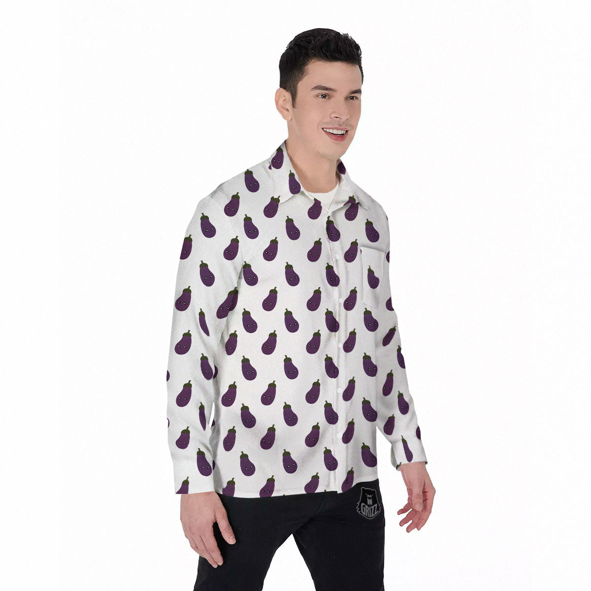 Eggplant Funny Print Pattern Men's Long Sleeve Shirts-grizzshop