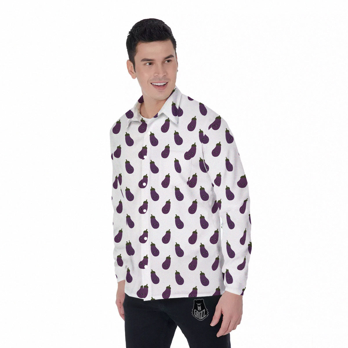 Eggplant Funny Print Pattern Men's Long Sleeve Shirts-grizzshop