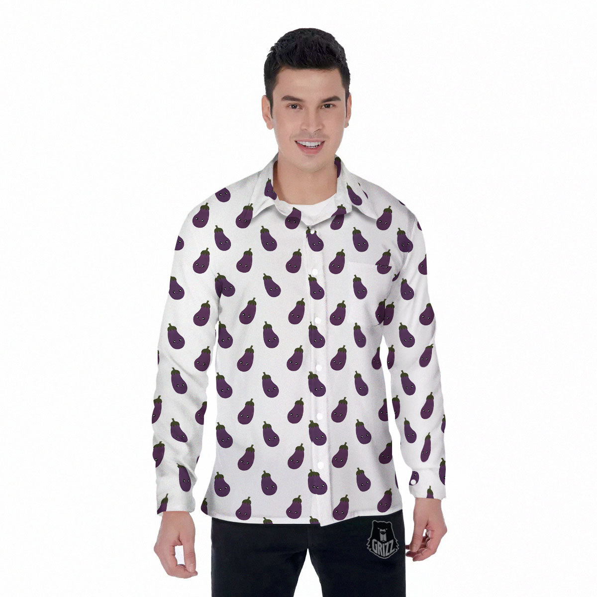 Eggplant Funny Print Pattern Men's Long Sleeve Shirts-grizzshop