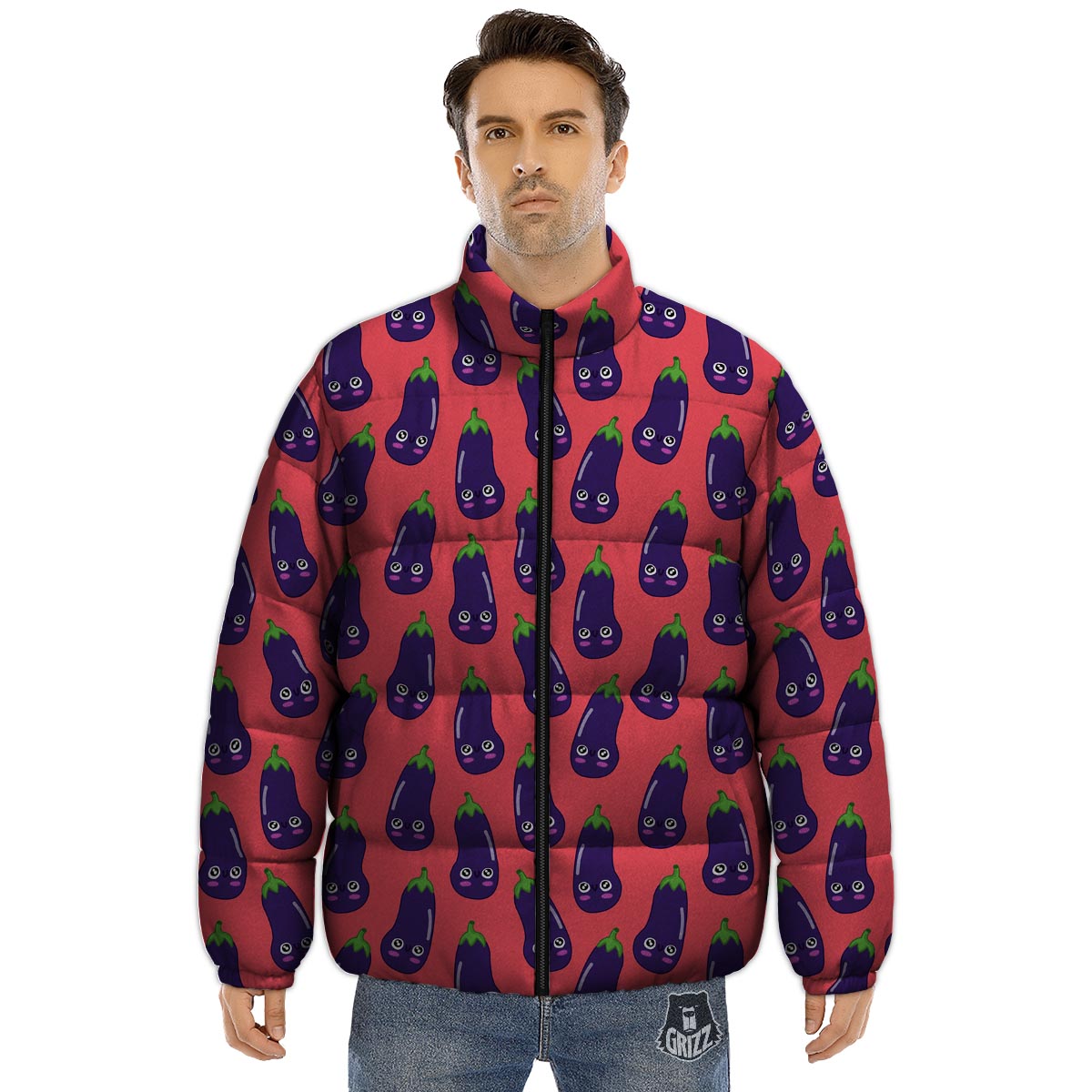 Eggplant Funny Print Pattern Puffer Jacket-grizzshop