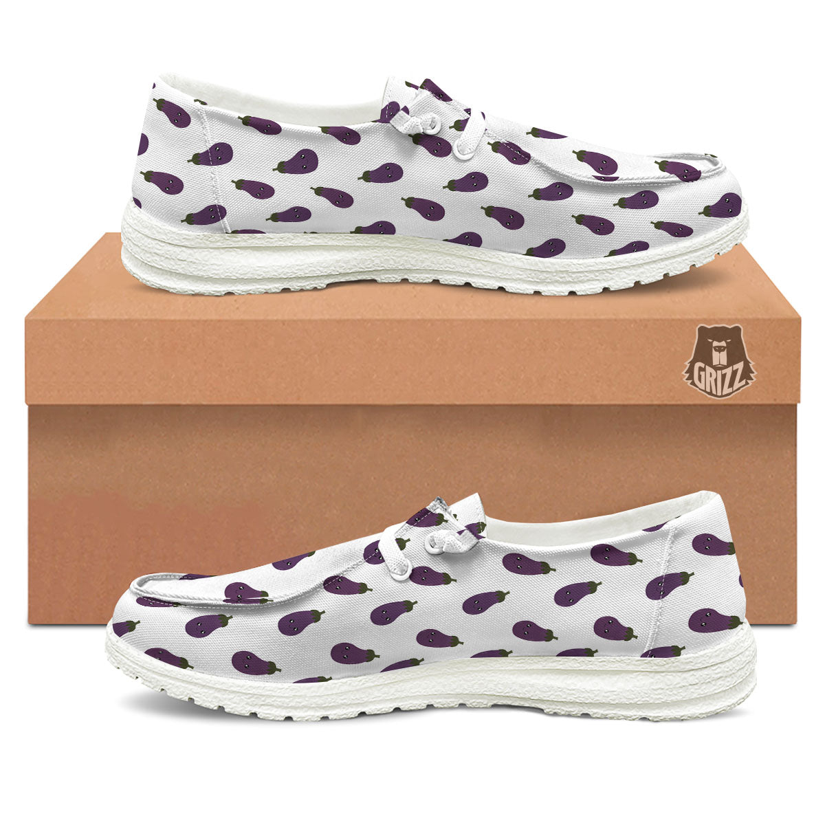 Eggplant Funny Print Pattern White Loafers-grizzshop