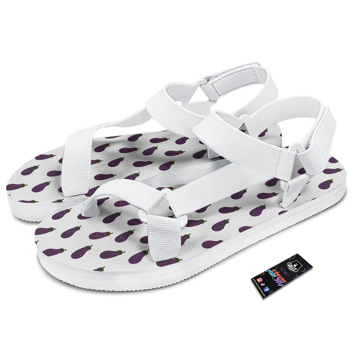 Eggplant Funny Print Pattern White Open Toe Sandals-grizzshop