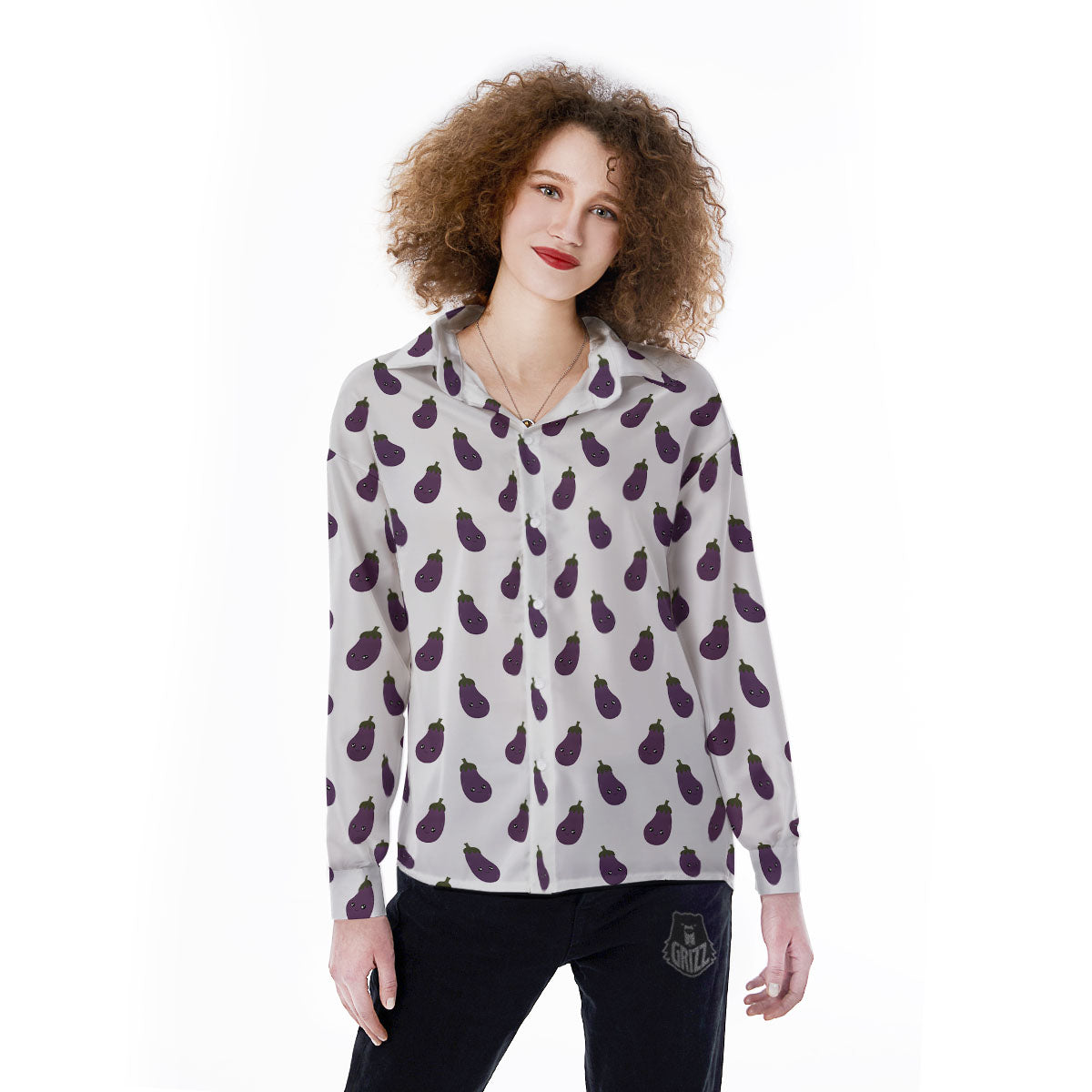 Eggplant Funny Print Pattern Women's Long Sleeve Shirts-grizzshop