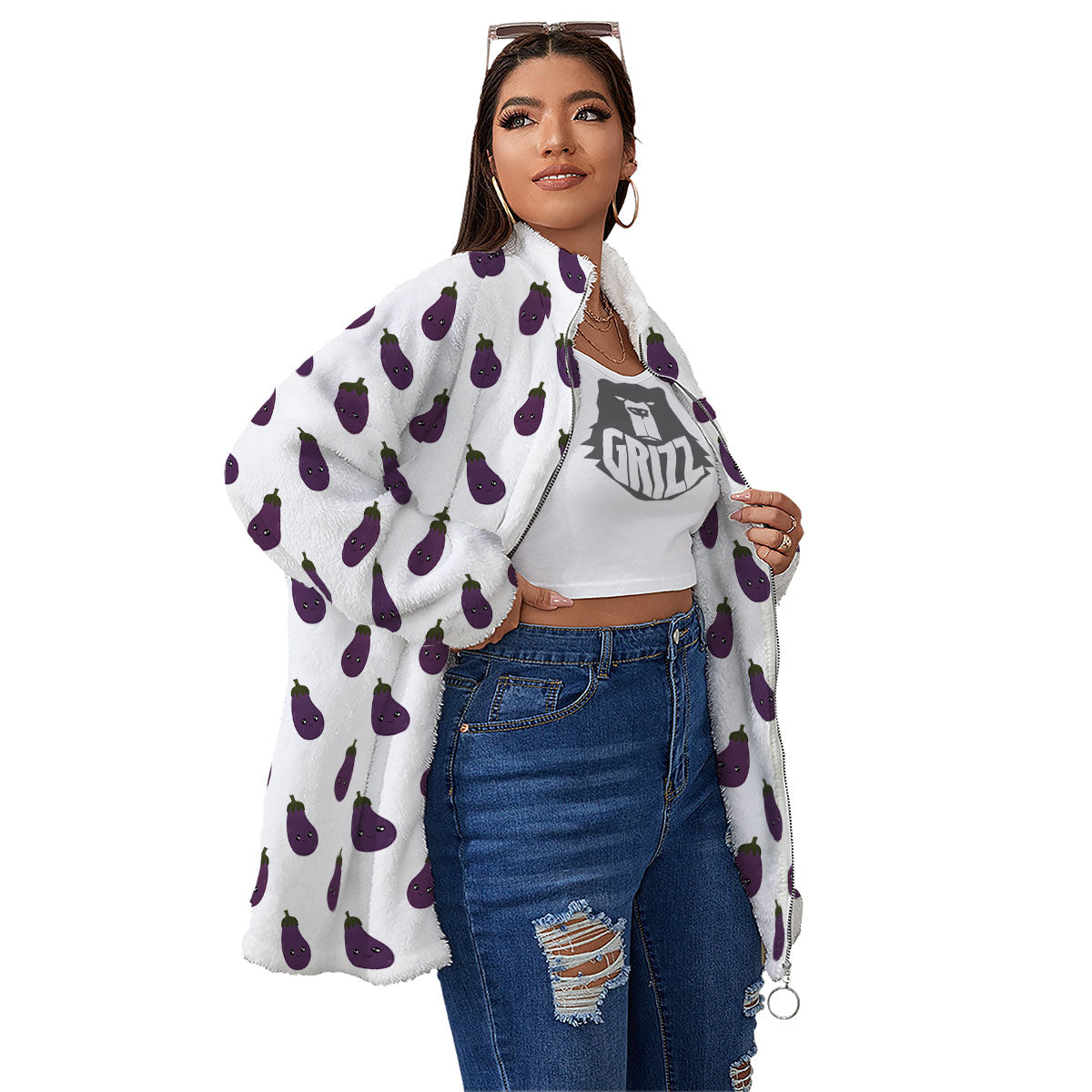 Eggplant Funny Print Pattern Women's Sherpa Jacket-grizzshop