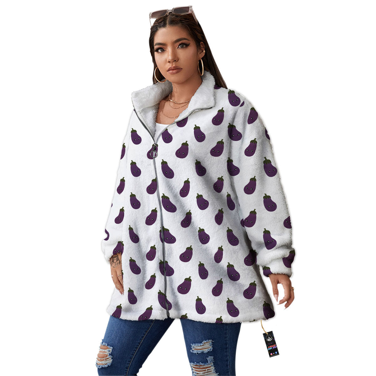 Eggplant Funny Print Pattern Women's Sherpa Jacket-grizzshop