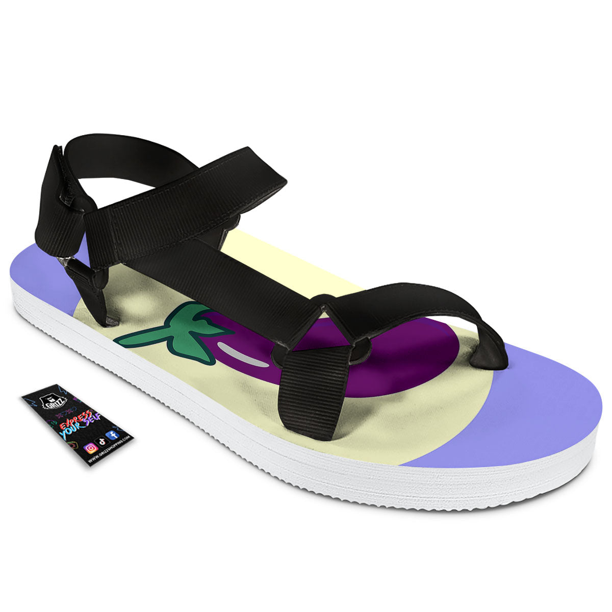 Eggplant Print Black Open Toe Sandals-grizzshop