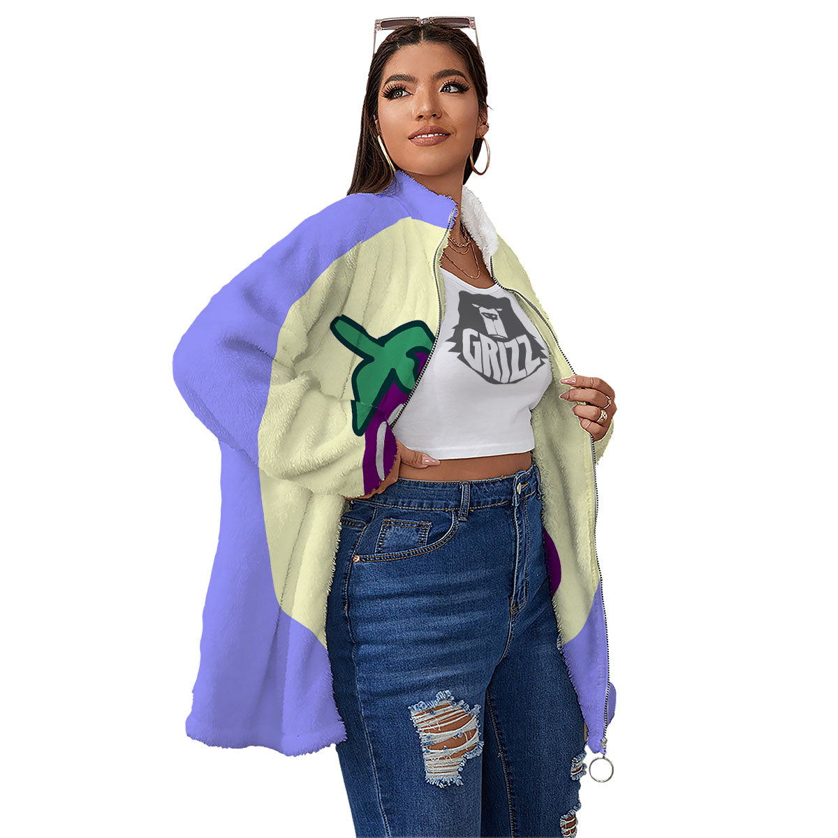Eggplant Print Women's Sherpa Jacket-grizzshop
