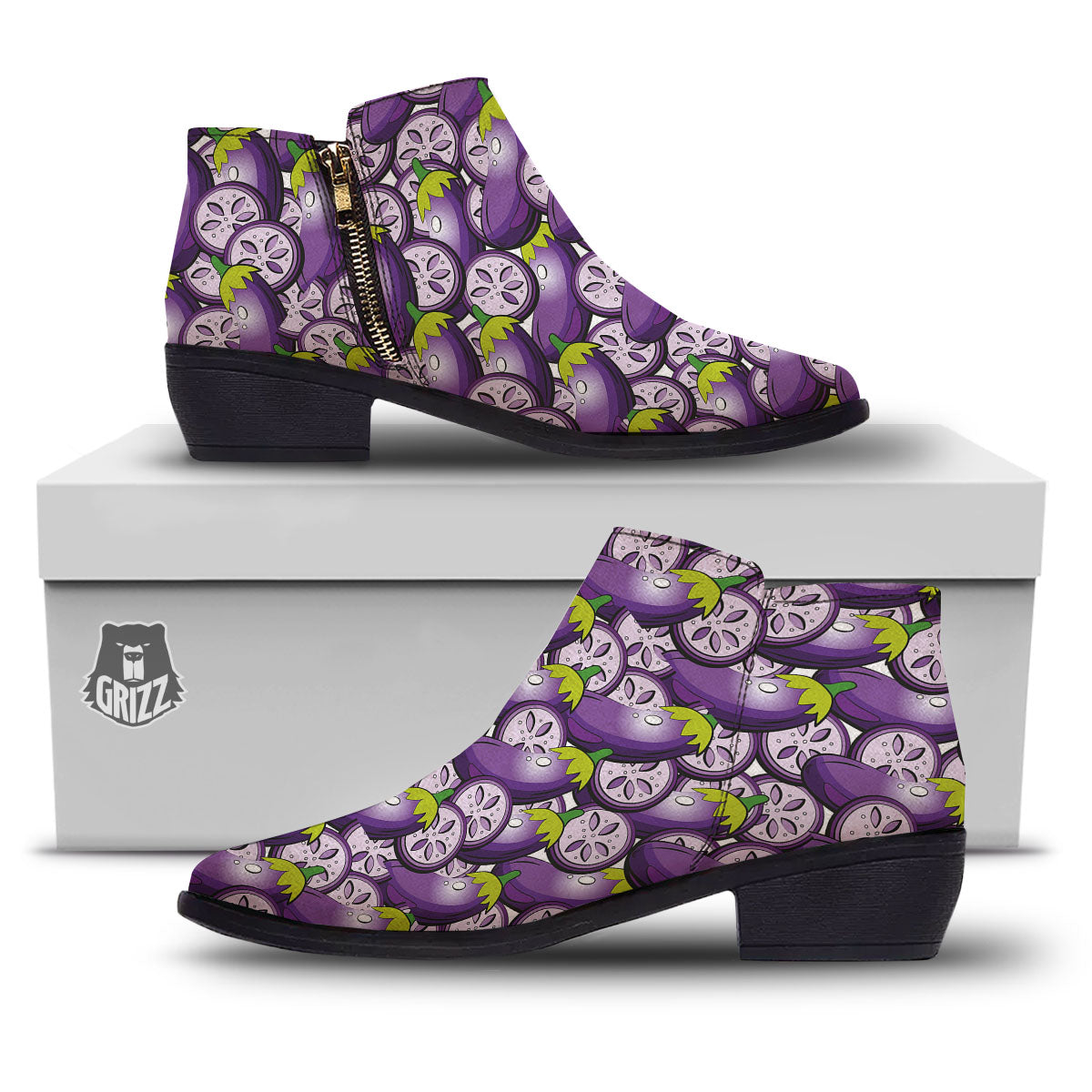 Eggplant Purple Print Pattern Ankle Boots-grizzshop
