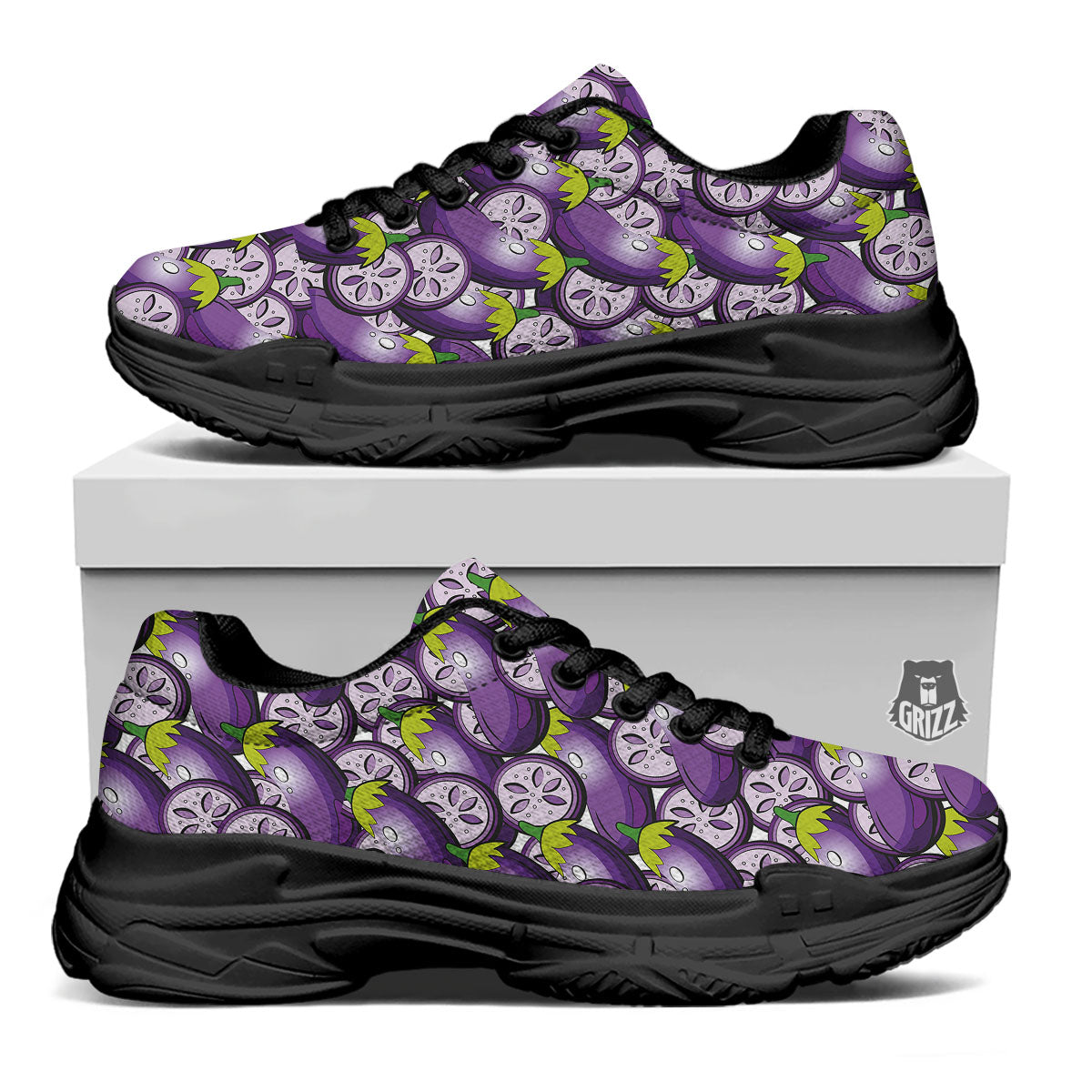 Eggplant Purple Print Pattern Black Chunky Shoes-grizzshop