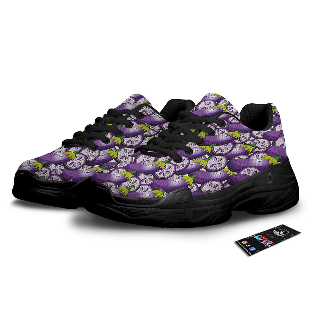 Eggplant Purple Print Pattern Black Chunky Shoes-grizzshop
