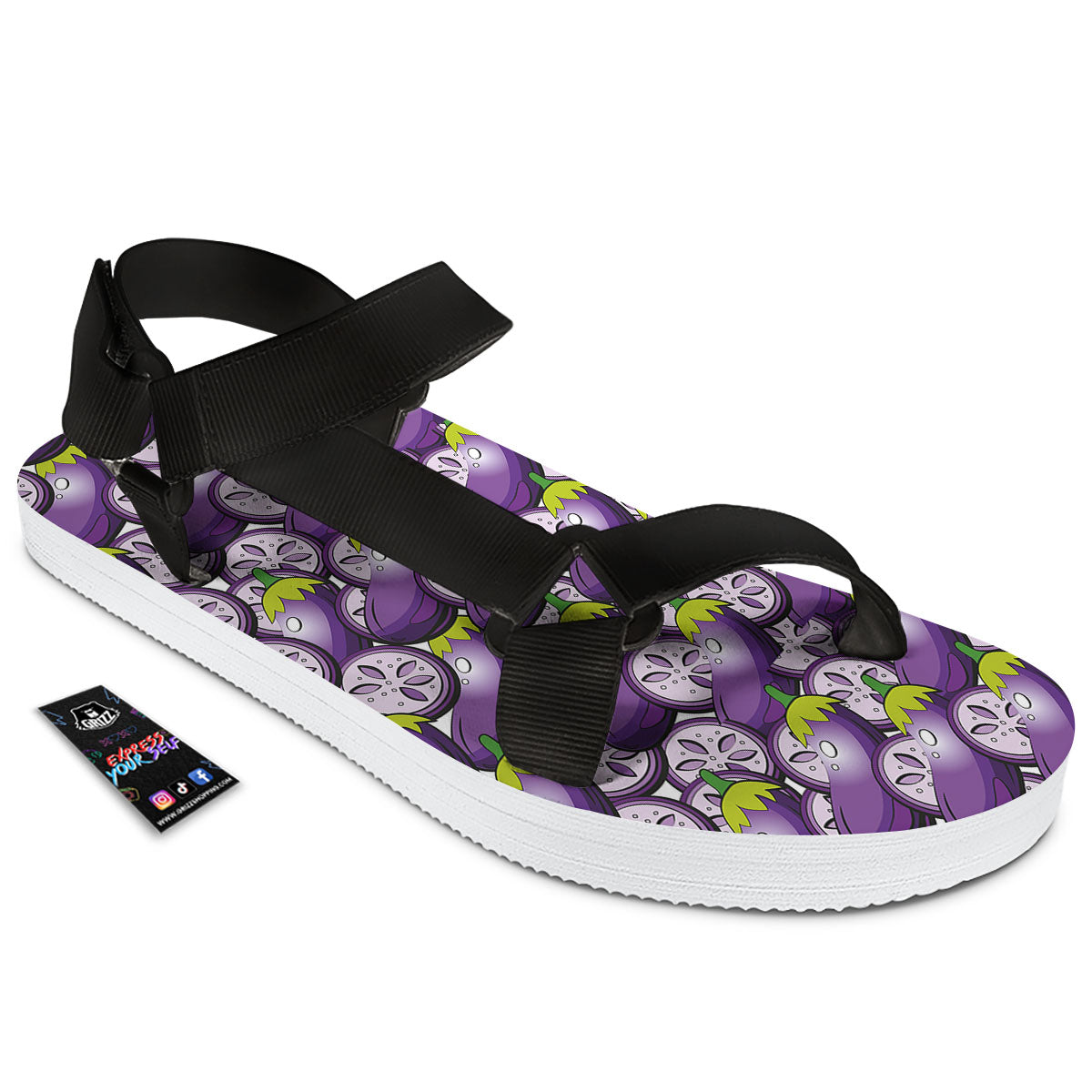 Eggplant Purple Print Pattern Black Open Toe Sandals-grizzshop