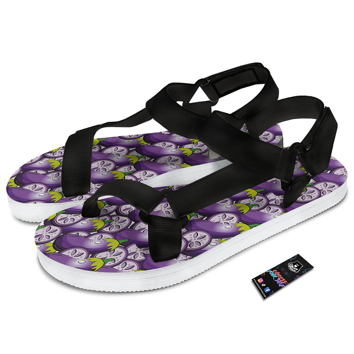 Eggplant Purple Print Pattern Black Open Toe Sandals-grizzshop
