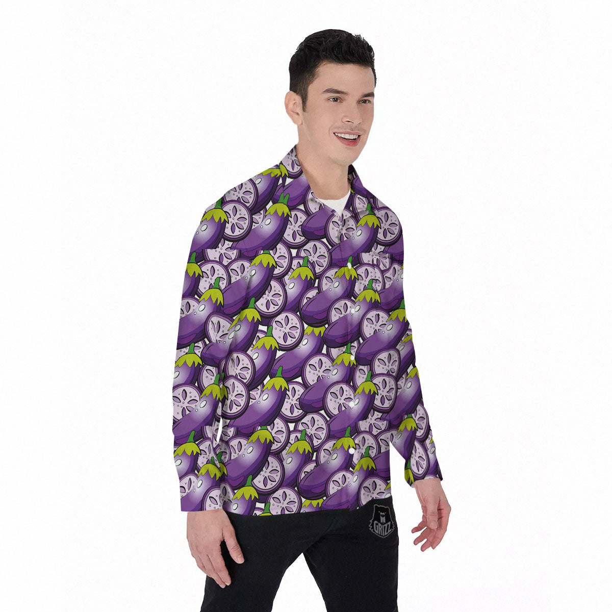 Eggplant Purple Print Pattern Men's Long Sleeve Shirts-grizzshop