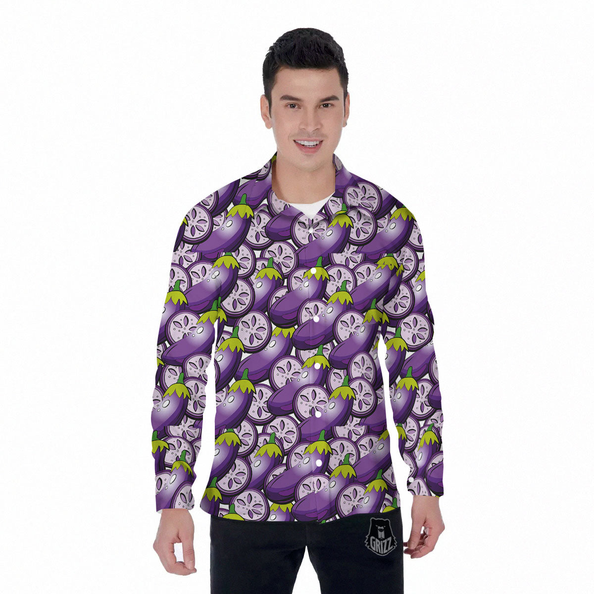 Eggplant Purple Print Pattern Men's Long Sleeve Shirts-grizzshop