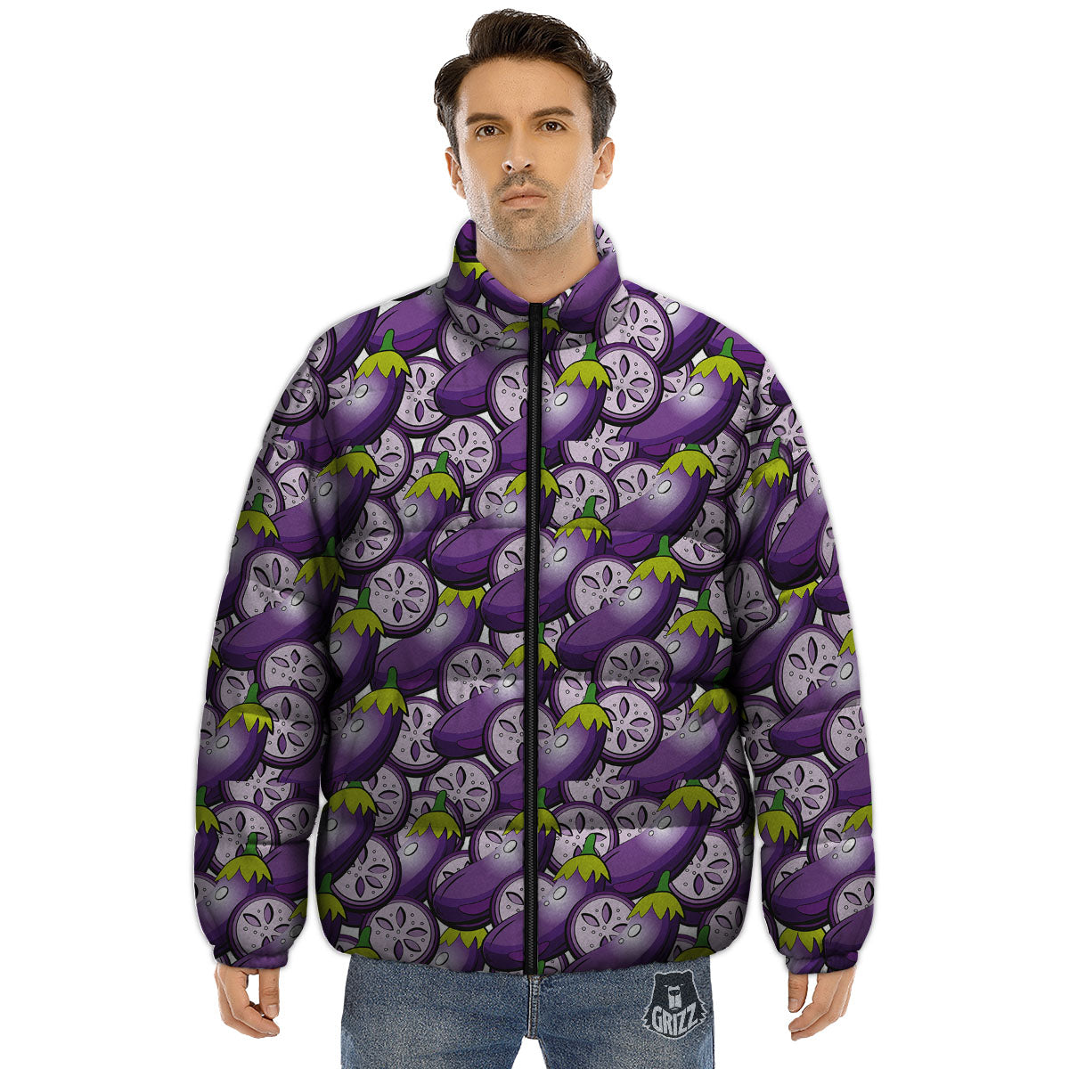 Eggplant Purple Print Pattern Puffer Jacket-grizzshop