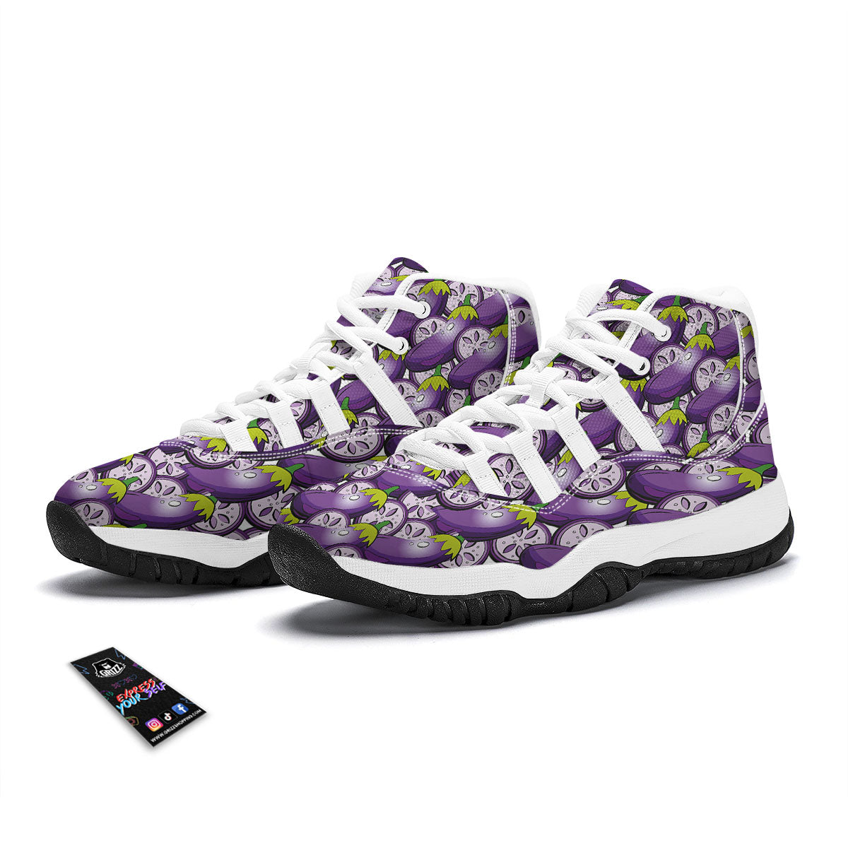 Eggplant Purple Print Pattern White Bball Shoes-grizzshop