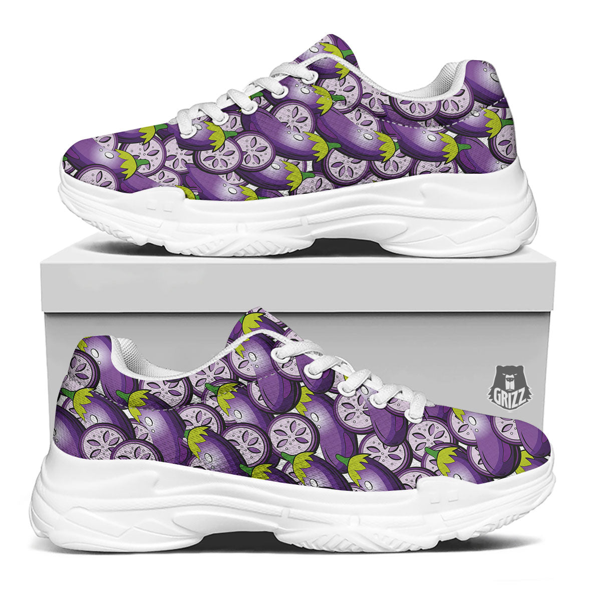 Eggplant Purple Print Pattern White Chunky Shoes-grizzshop